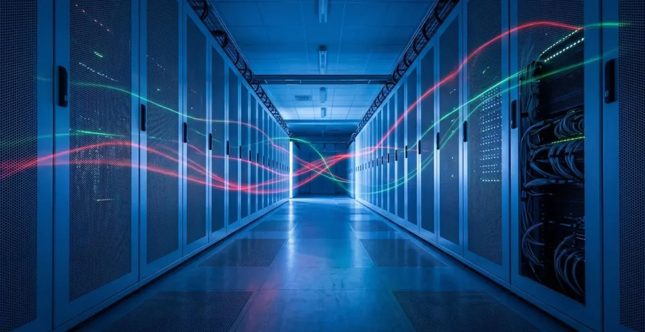 Wide angle view of server room with abstract light trails representing secure data flow patterns